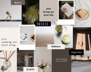 Picture collage as a vision board about travel, inspiration, happiness and health