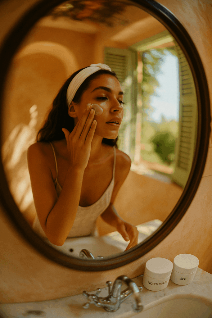 A woman celebrates her simplified skincare routine in front of a bathroom mirror.