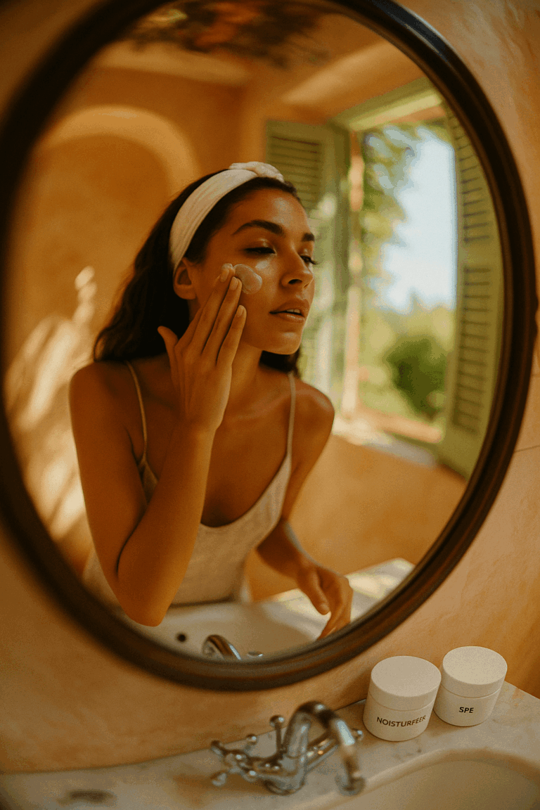 A woman celebrates her simplified skincare routine in front of a bathroom mirror.